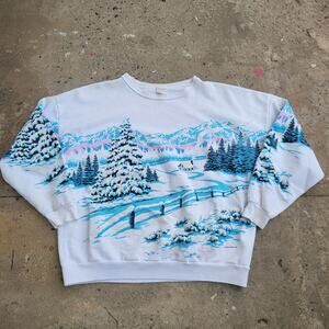 Vintage 90s Snow Mountain Ski Crewneck Sweatshirt Size L White AOP Boxy Nature